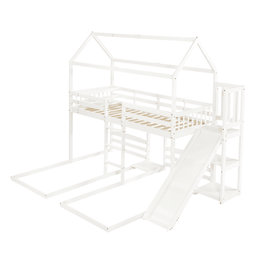 Cama beliche 90x200 cm - Estrutura estável, com rampa, design de teto único, 3 camas, arrumação - Branco