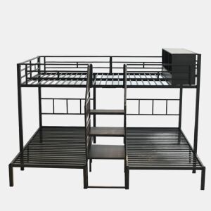 Beliche de ferro 90x200cm e 140x200cm - 3 lugares, escada com corrimãos, estrutura estável, cor preta