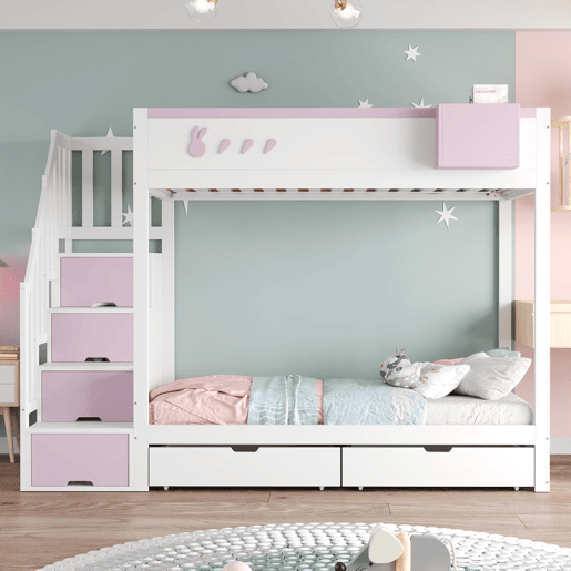 Beliche infantil 90x200 cm - Motivos de coelho e cenouras, prateleira removível, escada segura, com gavetas - Branco + Rosa
