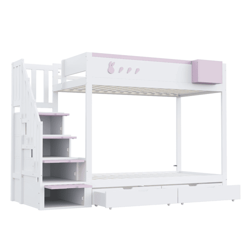 Beliche infantil 90x200 cm - Motivos de coelho e cenouras, prateleira removível, escada segura, com gavetas - Branco + Rosa
