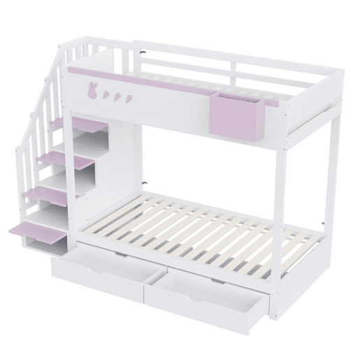 Beliche infantil 90x200 cm - Motivos de coelho e cenouras, prateleira removível, escada segura, com gavetas - Branco + Rosa