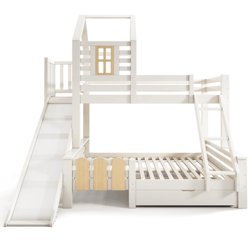 Beliche 90x200 e 140x200 cm - Casa com gaveta, escorregador e escada - Design de cabana