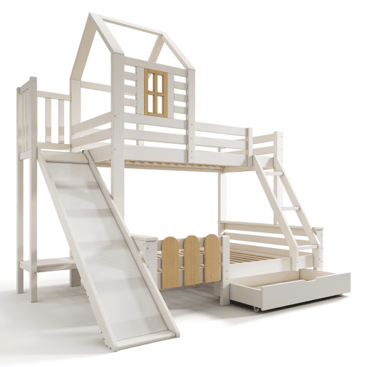Beliche 90x200 e 140x200 cm - Casa com gaveta, escorregador e escada - Design de cabana
