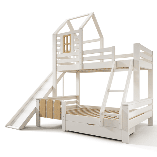 Beliche 90x200 e 140x200 cm - Casa com gaveta, escorregador e escada - Design de cabana