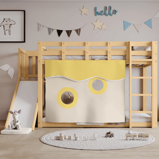 Beliche infantil 90x200 cm - com escada, grade, cortina, escorregador, proteção contra quedas - Natural