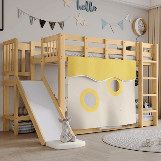 Beliche infantil 90x200 cm - com escada, grade, cortina, escorregador, proteção contra quedas - Natural