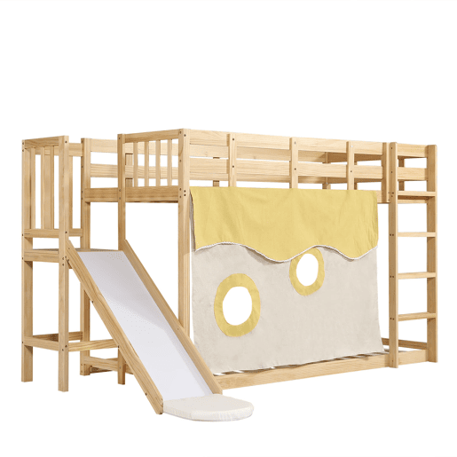 Beliche infantil 90x200 cm - com escada, grade, cortina, escorregador, proteção contra quedas - Natural