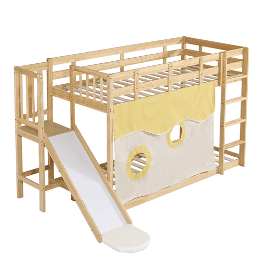 Beliche infantil 90x200 cm - com escada, grade, cortina, escorregador, proteção contra quedas - Natural