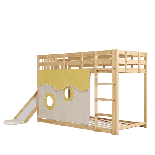 Beliche infantil 90x200 cm - com escada, grade, cortina, escorregador, proteção contra quedas - Natural