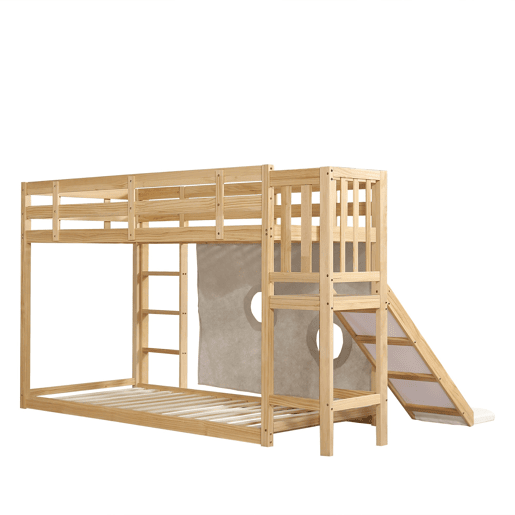 Beliche infantil 90x200 cm - com escada, grade, cortina, escorregador, proteção contra quedas - Natural