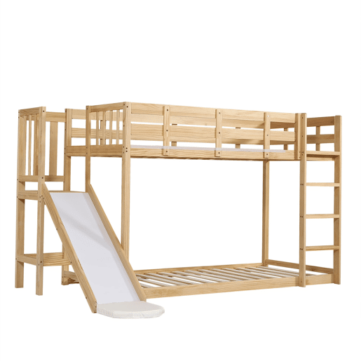 Beliche infantil 90x200 cm - com escada, grade, cortina, escorregador, proteção contra quedas - Natural