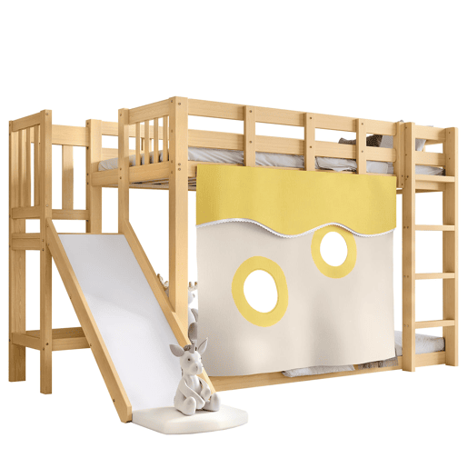 Beliche infantil 90x200 cm - com escada, grade, cortina, escorregador, proteção contra quedas - Natural