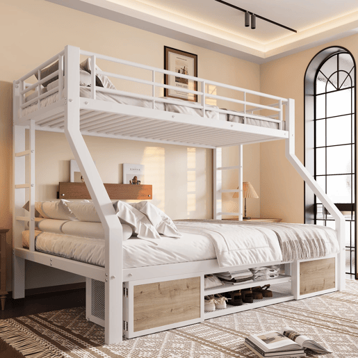 Beliche 90x200 cm, 140x200 cm - com armário, prateleiras, grade, escada - Branco