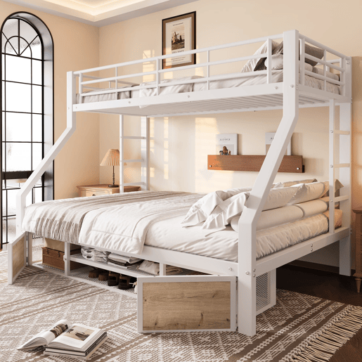 Beliche 90x200 cm, 140x200 cm - com armário, prateleiras, grade, escada - Branco