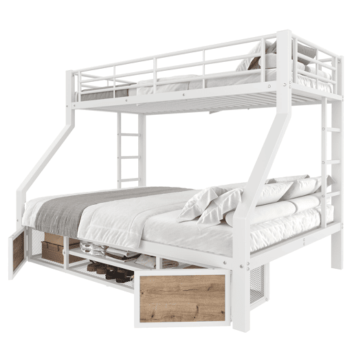 Beliche 90x200 cm, 140x200 cm - com armário, prateleiras, grade, escada - Branco