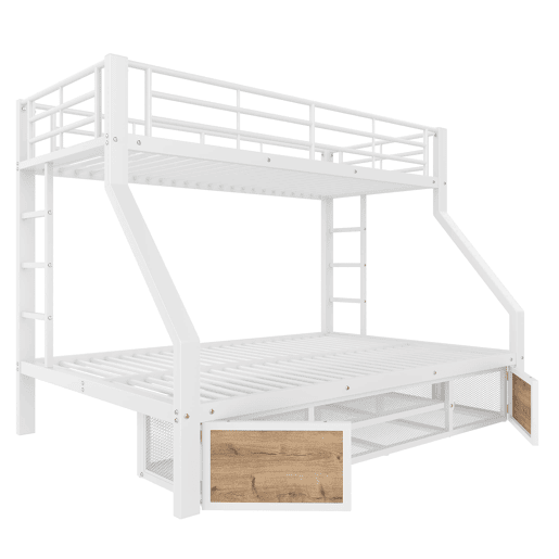 Beliche 90x200 cm, 140x200 cm - com armário, prateleiras, grade, escada - Branco