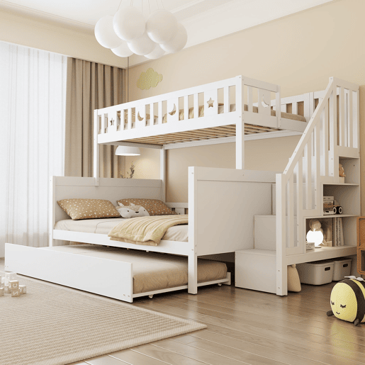Cama infantil 90200140200 cm - Beliche em madeira maciça com escada de segurança, cama extraível e estrado, branco Cama infantil 90200140200 cm - Beliche em madeira maciça com escada de segurança, cama extraível e estrado, branco