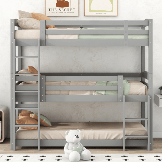 Beliche 90x200 cm - Cama tripla de madeira para crianças - Sem colchão - Cinza