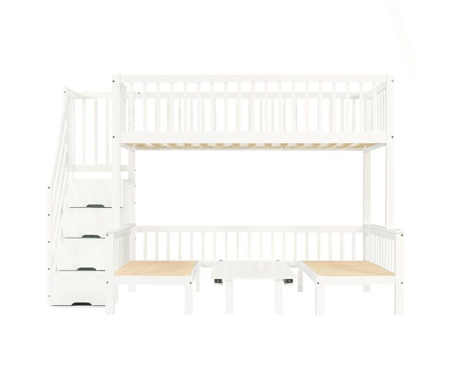 Cama litera 90x200cm y 120x200cm - mesa multifuncional ajustable, escalera de almacenamiento, barandilla de seguridad, blanco
