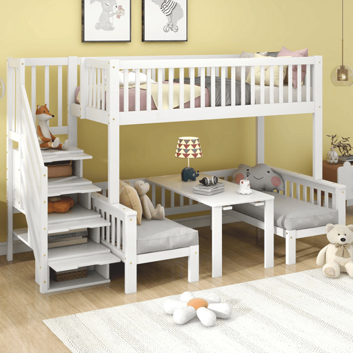 Beliche 90x200 cm e 120x200 cm - Mesa multifuncional ajustável, escada de armazenamento, corrimão de segurança, branco Beliche 90x200 cm e 120x200 cm - Mesa multifuncional ajustável, escada de armazenamento, corrimão de segurança, branco