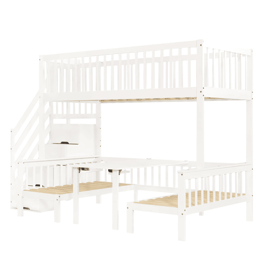 Beliche 90x200 cm e 120x200 cm - Mesa multifuncional ajustável, escada de armazenamento, corrimão de segurança, branco Beliche 90x200 cm e 120x200 cm - Mesa multifuncional ajustável, escada de armazenamento, corrimão de segurança, branco