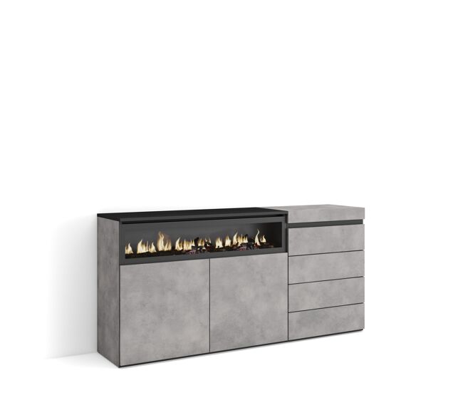 Aparador | con almacenamiento | 157x75x35 cm | dormitorio, habitación | chimenea eléctrica | cómoda, cajonera | estilo moderno | cemento