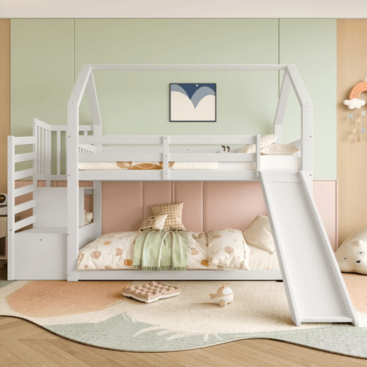 Beliche 90x200 cm - Com escada, escorregador e corrimão, sem colchão, branco Beliche 90x200 cm - Com escada, escorregador e corrimão, sem colchão, branco