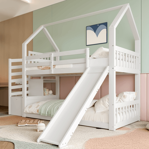 Beliche 90x200 cm - Com escada, escorregador e corrimão, sem colchão, branco Beliche 90x200 cm - Com escada, escorregador e corrimão, sem colchão, branco
