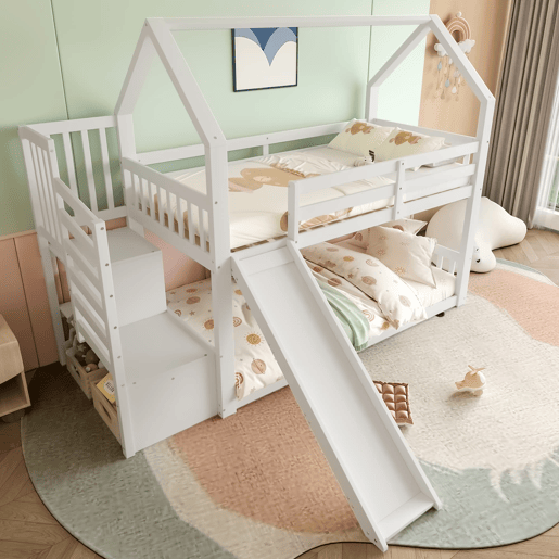 Beliche 90x200 cm - Com escada, escorregador e corrimão, sem colchão, branco Beliche 90x200 cm - Com escada, escorregador e corrimão, sem colchão, branco