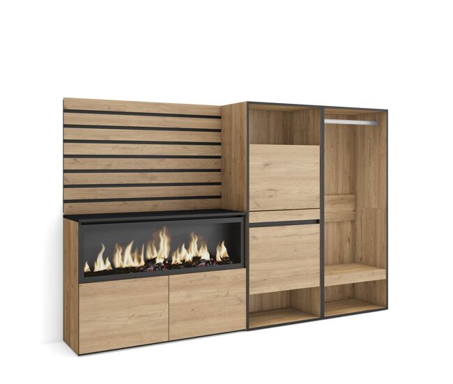 Aparador | con almacenamiento | 227x145x35 cm | dormitorio, habitación | chimenea eléctrica xxl | zapatero | vestidor abierto | estilo moderno | roble