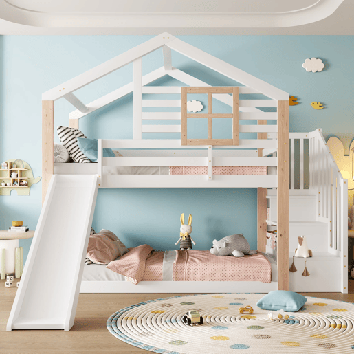 Beliche infantil 90x200 cm - Com rampa e escada - Estilo escandinavo - Madeira maciça - Branco