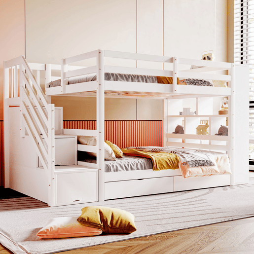 Beliche 90x200 cm - Escada de segurança com compartimentos, gavetas e armários, estrutura alta, branco