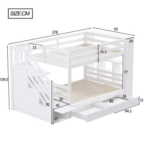 Beliche 90x200 cm - Escada de segurança com compartimentos, gavetas e armários, estrutura alta, branco