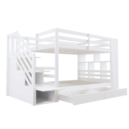 Beliche 90x200 cm - Escada de segurança com compartimentos, gavetas e armários, estrutura alta, branco