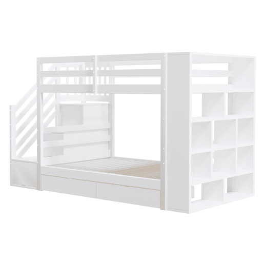 Beliche 90x200 cm - Escada de segurança com compartimentos, gavetas e armários, estrutura alta, branco