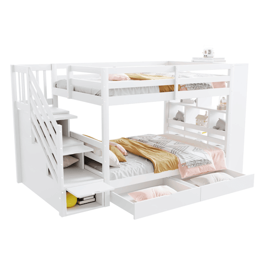 Beliche 90x200 cm - Escada de segurança com compartimentos, gavetas e armários, estrutura alta, branco