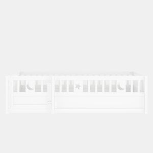 Cama infantil, 90x190 cm - Com grade, decoração de estrela e lua, estilo minimalista, branco