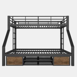 Beliche 90x200 cm + 140x200 cm - Cama infantil com sapateira, prateleiras, grades, escada, certificada EN747 - Preto