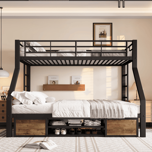 Beliche 90x200 cm + 140x200 cm - Cama infantil com sapateira, prateleiras, grades, escada, certificada EN747 - Preto