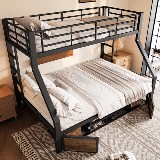 Beliche 90x200 cm + 140x200 cm - Cama infantil com sapateira, prateleiras, grades, escada, certificada EN747 - Preto