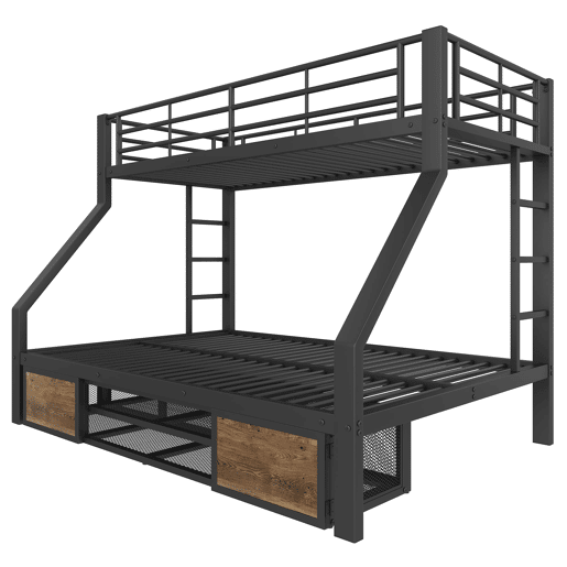 Beliche 90x200 cm + 140x200 cm - Cama infantil com sapateira, prateleiras, grades, escada, certificada EN747 - Preto