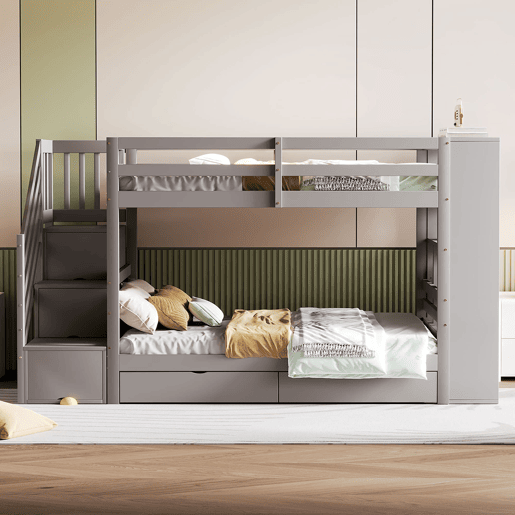 Beliche 90x200 cm - Escada de segurança com arrumação, gavetas e compartimentos grandes - Cinza