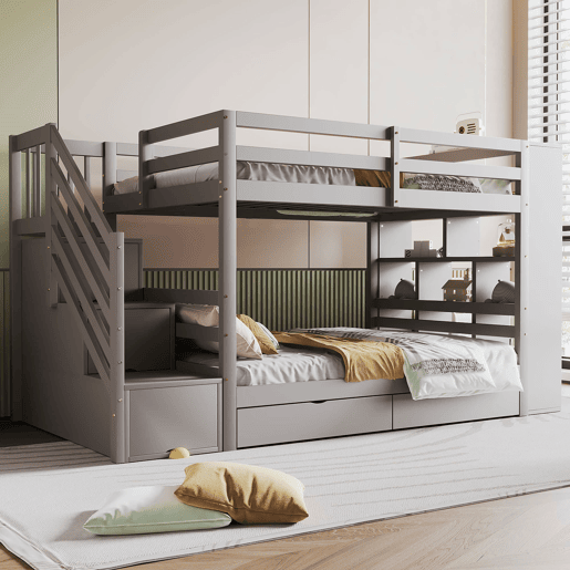 Beliche 90x200 cm - Escada de segurança com arrumação, gavetas e compartimentos grandes - Cinza
