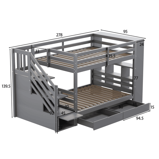 Beliche 90x200 cm - Escada de segurança com arrumação, gavetas e compartimentos grandes - Cinza