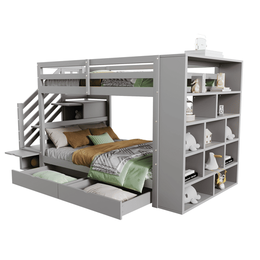 Beliche 90x200 cm - Escada de segurança com arrumação, gavetas e compartimentos grandes - Cinza