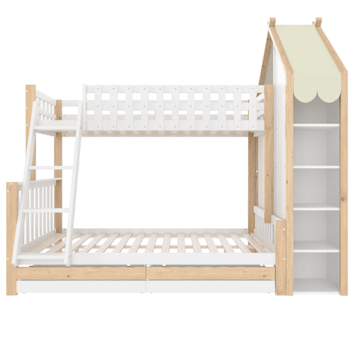 Cama alta 90x200 cm + 140x200 cm - Com grades, escada, 2 gavetas, vedação irregular - Branco + Natural