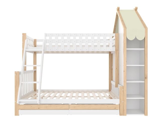Cama alta 90x200 cm + 140x200 cm - con barandillas, escalera, 2 cajones, valla irregular - blanco + natural