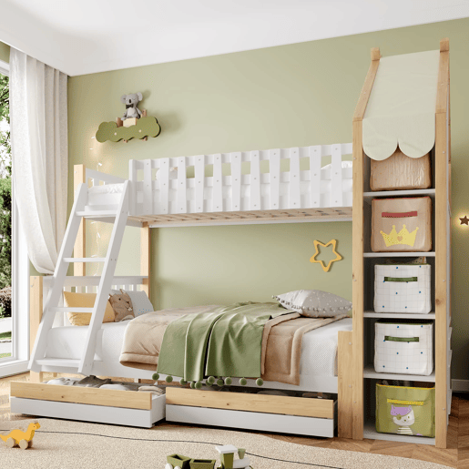 Cama alta 90x200 cm + 140x200 cm - Com grades, escada, 2 gavetas, vedação irregular - Branco + Natural