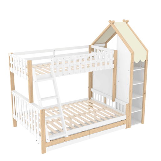Cama alta 90x200 cm + 140x200 cm - Com grades, escada, 2 gavetas, vedação irregular - Branco + Natural