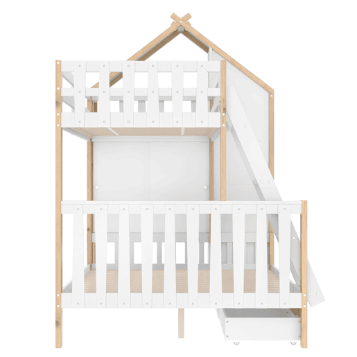Cama alta 90x200 cm + 140x200 cm - Com grades, escada, 2 gavetas, vedação irregular - Branco + Natural